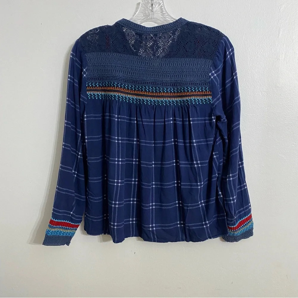 Akemi+Kin Anthropologie Navy Plaid Button-Up Blouse with Embroidered Details 8P - Picture 5 of 6